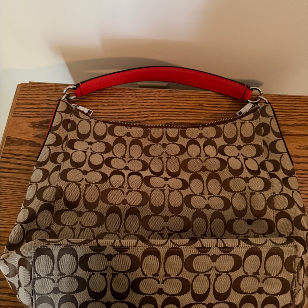 Coach Tan and Red Signature Shoulder Bag